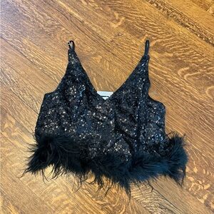 Black Sequin Feather Crop Top